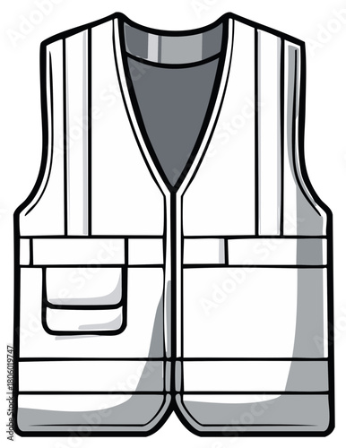 Grayscale illustration of a safety vest with pockets, personal protective equipment for work