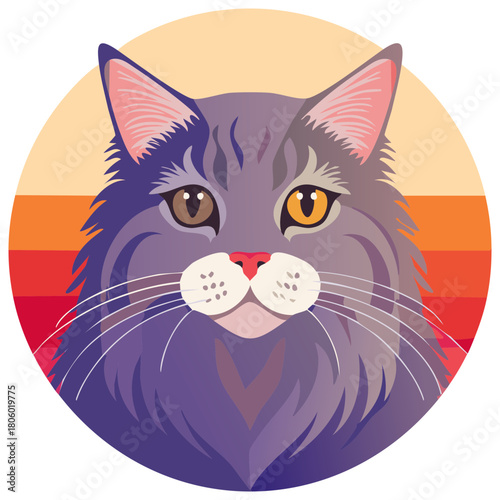 Cat Portrait Retro Style Illustration Gray Cat with Heterochromia Eyes and Orange Sunset Backdrop Pet Artwork