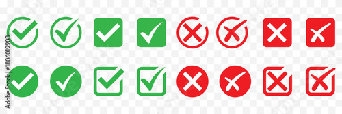 Check tick mark icon set. Cross box x check mark checkbox v list vector draw hand drawn sketch doodle brush marker checklist symbol wrong right circle. Vector Illustration. Red, Green, Black color EPS