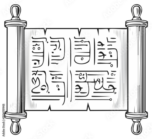 Ancient scroll with writing illustration in black and white. Historical document of parchment style