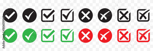 Check mark icon set. Check box icon with right and wrong buttons and yes or no checkmark icons in green tick box and red cross. vector illustration. Best Design. EPS 10.