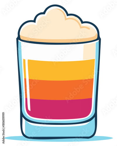 Colorful layered cocktail drink with frothy white top in a glass