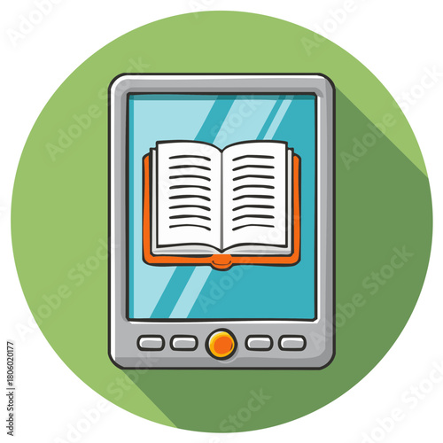 Ebook Reader Device with Open Book on Screen Digital Reading Flat Design Illustration