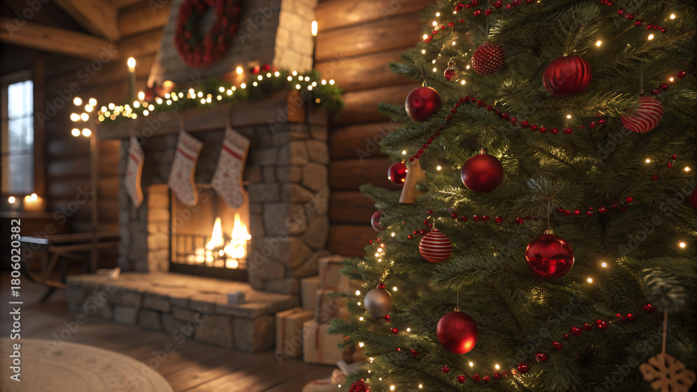 Fototapeta premium Cozy christmas living room with decorated tree and fireplace with stockings