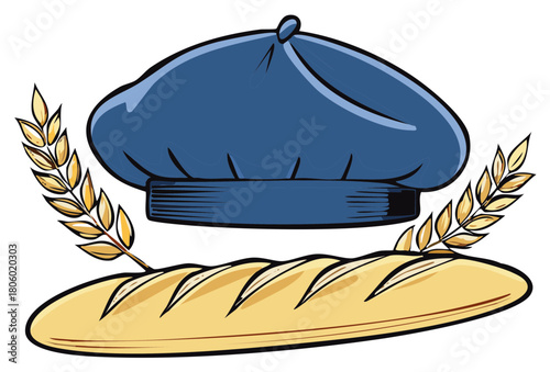 Classic French Baker Logo with Blue Beret and Fresh Baguette Bread