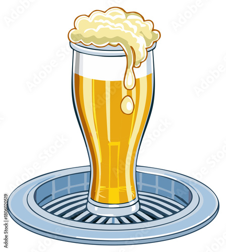 Cartoon Illustration of a Foamy Pilsner Beer in Glass on Tray Drink Alcoholic Beverage Refreshment