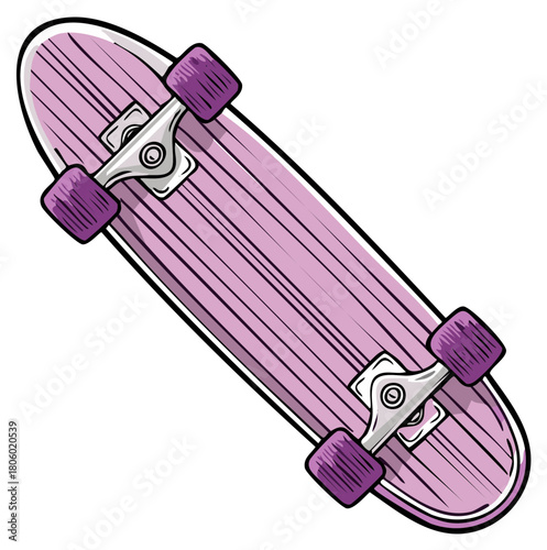 Pink skateboard with vibrant purple wheels detailed vector illustration