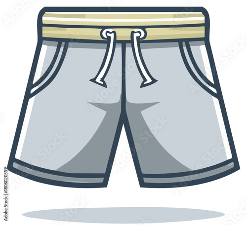 Vector illustration of comfortable light gray athletic shorts with a yellow waistband and white drawstring
