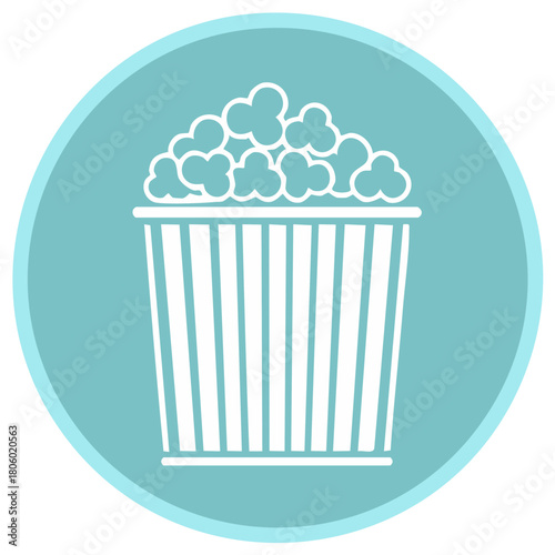 Popcorn tub vector icon on a blue round sign. Snacking movie, theater and entertainment symbol.