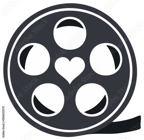 Film Reel With Heart Cinema Symbol, Love of Movies, Black and White Icon