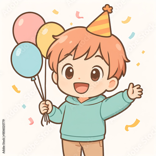 Chibi boy celebrating with birthday balloons