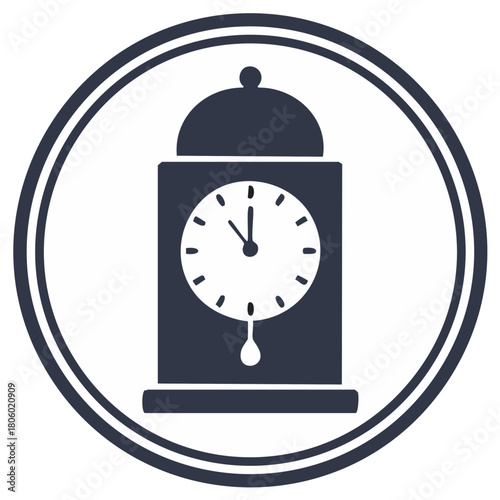 Stylized vintage clock icon with pendulum inside decorative circles showing time near noon concept