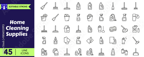 Home cleaning supplies line icons set for household chores sanitation hygiene products and effective domestic maintenance tasks