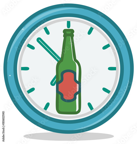 Beer Bottle Replacing Hour Hand on a Circular Clock Face Depicting Time for a Drink or Celebration