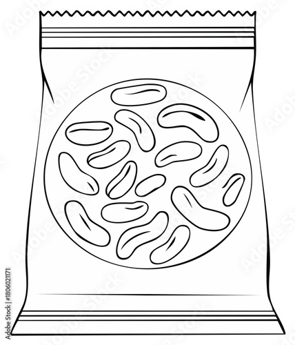 Bag of snacks with beans in circle, outline illustration