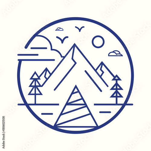 Camping and Mountain Line Art Vector Illustration Minimalist Outdoor Adventure Graphic, Line Art Mountain Range & Camp Icon, One Line Art Logo Design Camping Tent, Pine Trees, and Mountain Peaks Icon