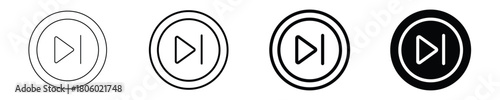 Set of next track music player button icons in modern minimal line art and solid black styles for digital media interface and multimedia control panel design