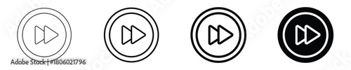 Black and white set of fast forward double arrow skip button vector icons for multimedia players web interface or application controls line and solid style