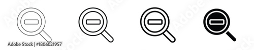 Simple black and white zoom out icon set featuring a magnifying glass with a minus sign in line, outline, glyph, and solid styles for user interface design.