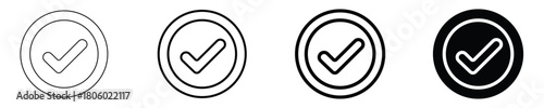 Set of black and white check mark icons in a double circle for approved confirmation and verified success symbols, perfect for web interface design and mobile application ui.