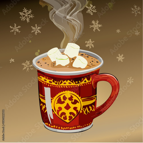 Steaming mug of delicious hot chocolate topped with soft marshmallows, a comforting warm drink for a cold winter or holiday season