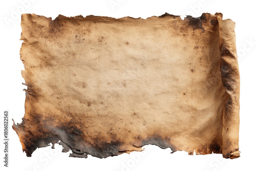 Aged parchment, partially burned with curled edges, ready for text, on a stark black background