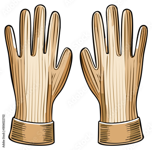 Pair of illustrated work gloves, with detailed lines and cuff, hand drawn style.