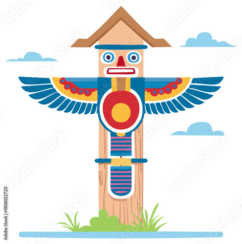 Totem pole illustration with stylized sky background and ground cover