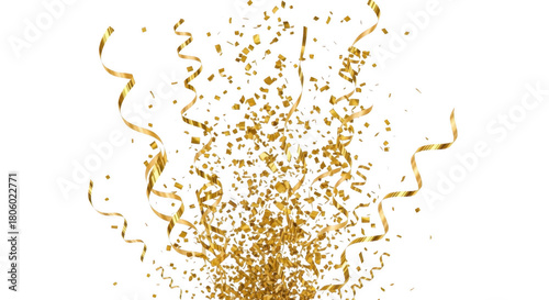 Golden confetti and streamers exploding upwards in a celebration isolated on transparent background
