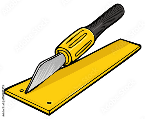 Cartoon illustration of a hand deburring tool or scraper with a yellow handle