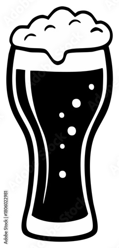 Stylized illustration of a tall glass filled with dark liquid and overflowing foam head with visible bubbles