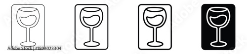 Black outline and solid glyph icons set of a wine glass filled with liquid, symbolizing beverage service in a restaurant, bar, or liquor establishment menu vector