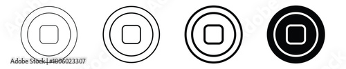 Monochrome line icon set featuring a stop button symbol in four different styles for modern media player controls, recording functions, user interfaces, and technical designs
