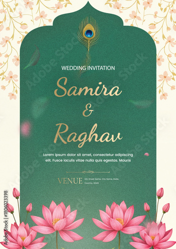 Elegant indian wedding invitation with lotus flowers and arch design