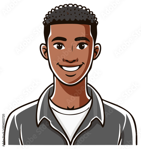 Smiling African-American man with curly hair in casual shirt, vector illustration
