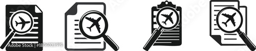 A collection of icons depicting documents with magnifying glasses, suggesting analysis or scrutiny, particularly related to travel or aviation.