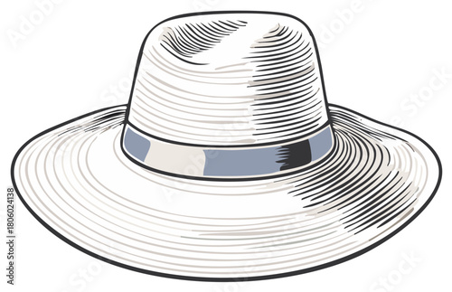 Vintage engraving style illustration of a classic white Panama hat with a wide brim