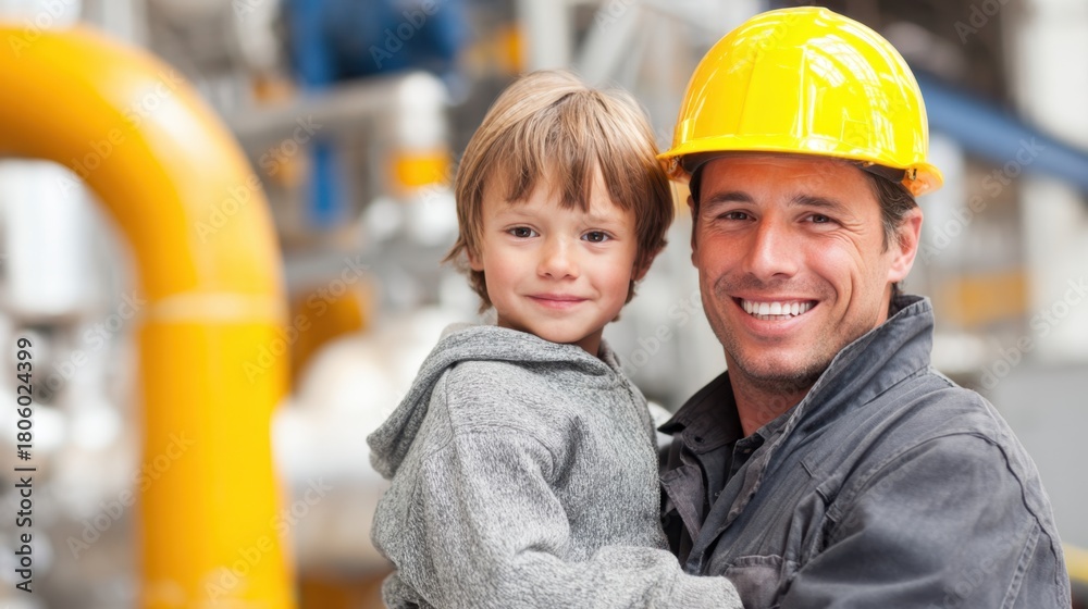 Obraz premium A construction worker is happily holding a young boy at an industrial site. Both are enjoying the moment, surrounded by machinery and bright colors in the background.