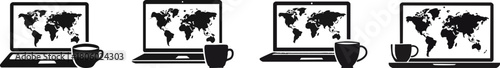 A minimalist illustration of laptops with world maps on screens, accompanied by coffee cups, suggesting global connectivity and remote work.