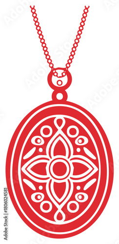 Ornate red oval pendant necklace with a symmetrical floral design vector illustration