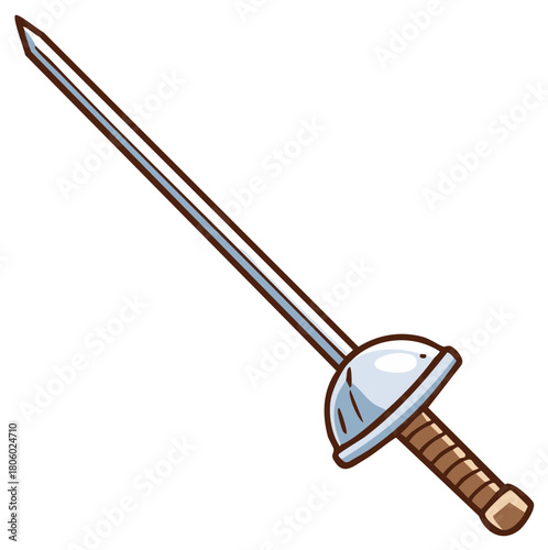 Sleek illustration of a foil sword with a rounded guard and brown wrapped handle angled diagonally