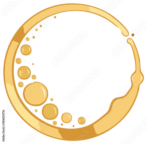 A stylized circular splash of golden liquid like beer or oil with bubbles, forming a round frame
