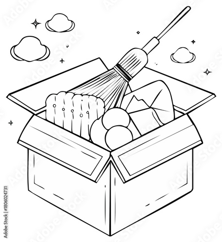 Donation Box with Toys and Broom in Black and White Line Art Style
