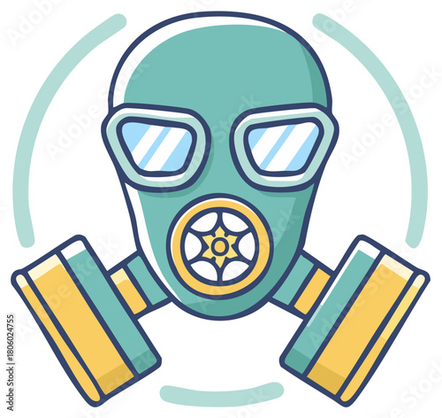 Cartoon Gas Mask with Yellow and Teal Filters and Circular Design