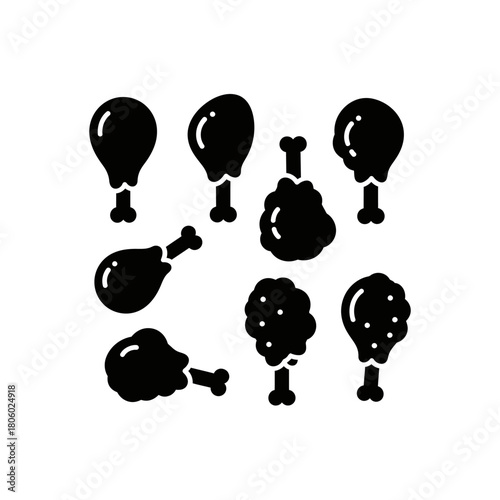 A collection of eight stylized black silhouette illustrations of fried chicken drumsticks with bones, arranged on a white background.