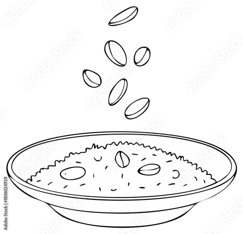Hand drawn black and white illustration of grains and legumes falling into a serving bowl for cooking or eating