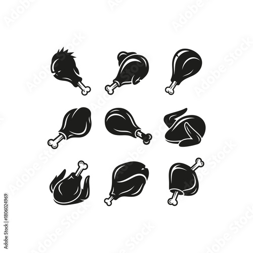 A set of nine black and white icons showing various cuts of cooked chicken, including drumsticks and whole birds.