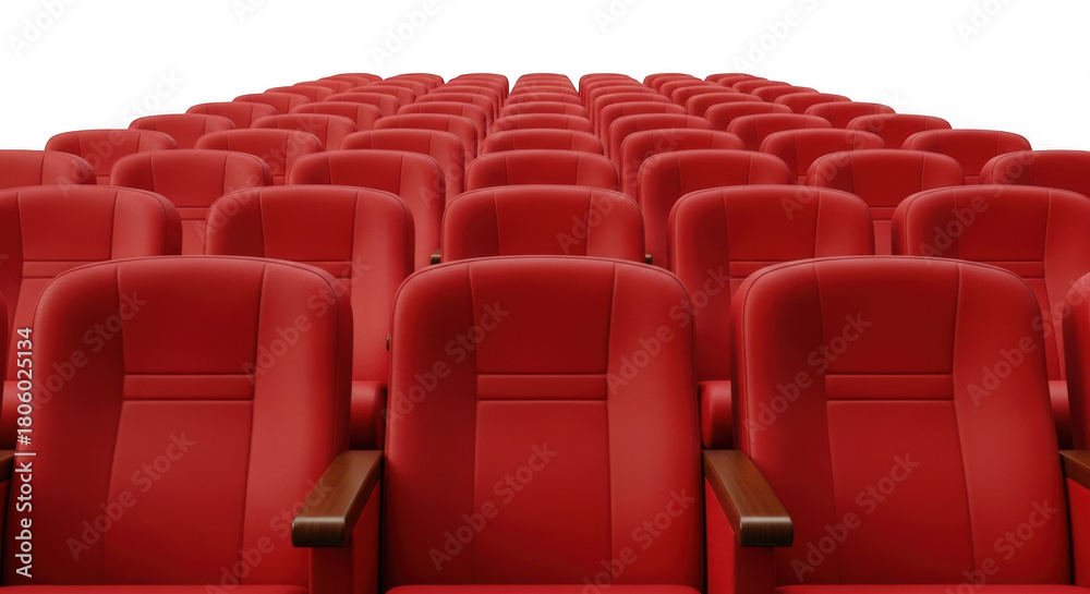 Fototapeta premium Rows of empty red velvet theater seats arranged in a perspective view isolated on transparent background
