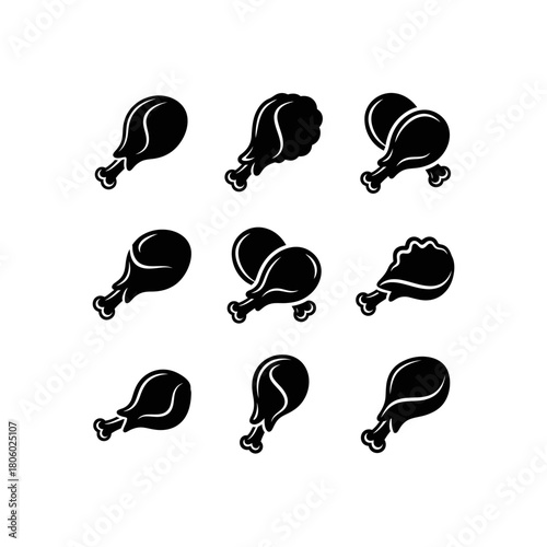 A collection of nine black vector icons depicting various chicken drumsticks, including single, paired, and bitten pieces of poultry.