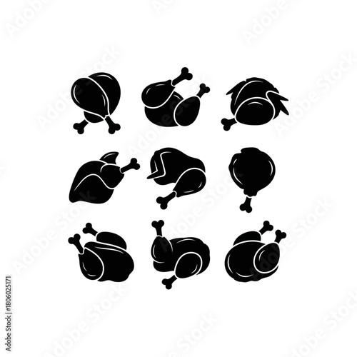 A collection of nine black silhouette icons of whole roasted chickens and cooked poultry legs arranged in a grid.